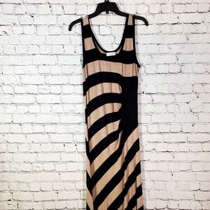 Calvin Klein Striped Sleeveless Black and Beige Tank Ruched Midi Dress Size 12